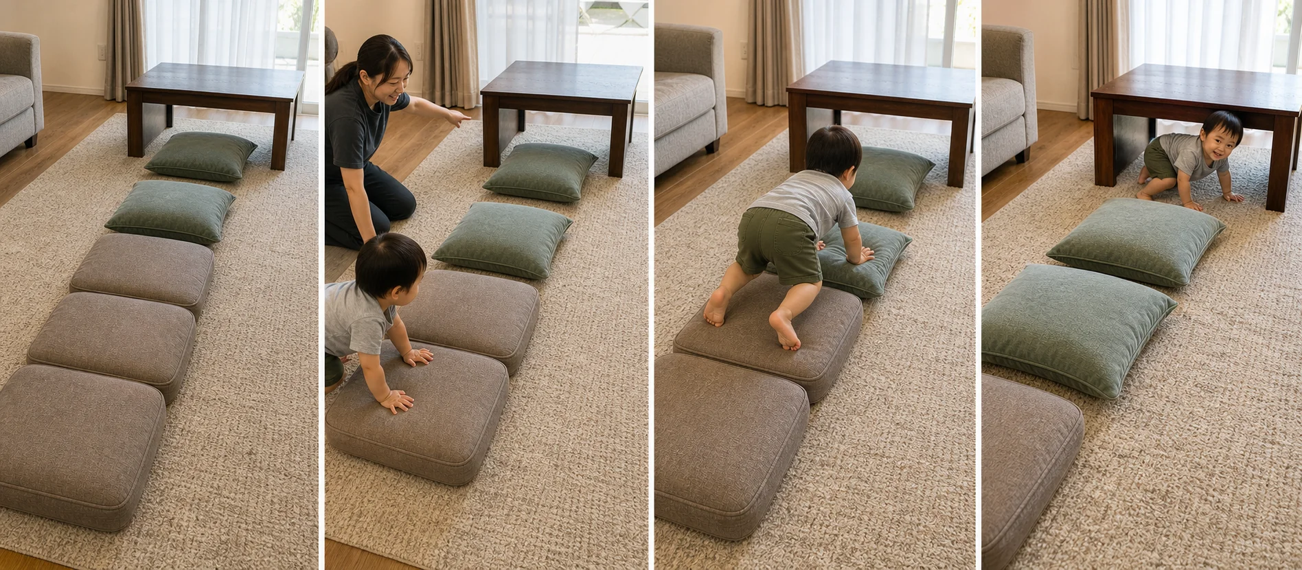 Four panels showing cushions and pillows set on the floor, a grown-up pointing through the path, a toddler going over cushions and around pillows, and the toddler crawling under a table before starting again.