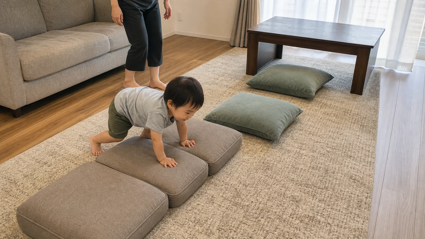 A toddler crawling over couch cushions and heading under a low table while a grown-up kneels nearby in a living room.