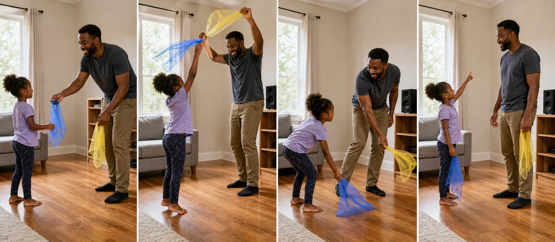 A child leads a scarf move, the grown-up copies, then they switch roles and copy again.