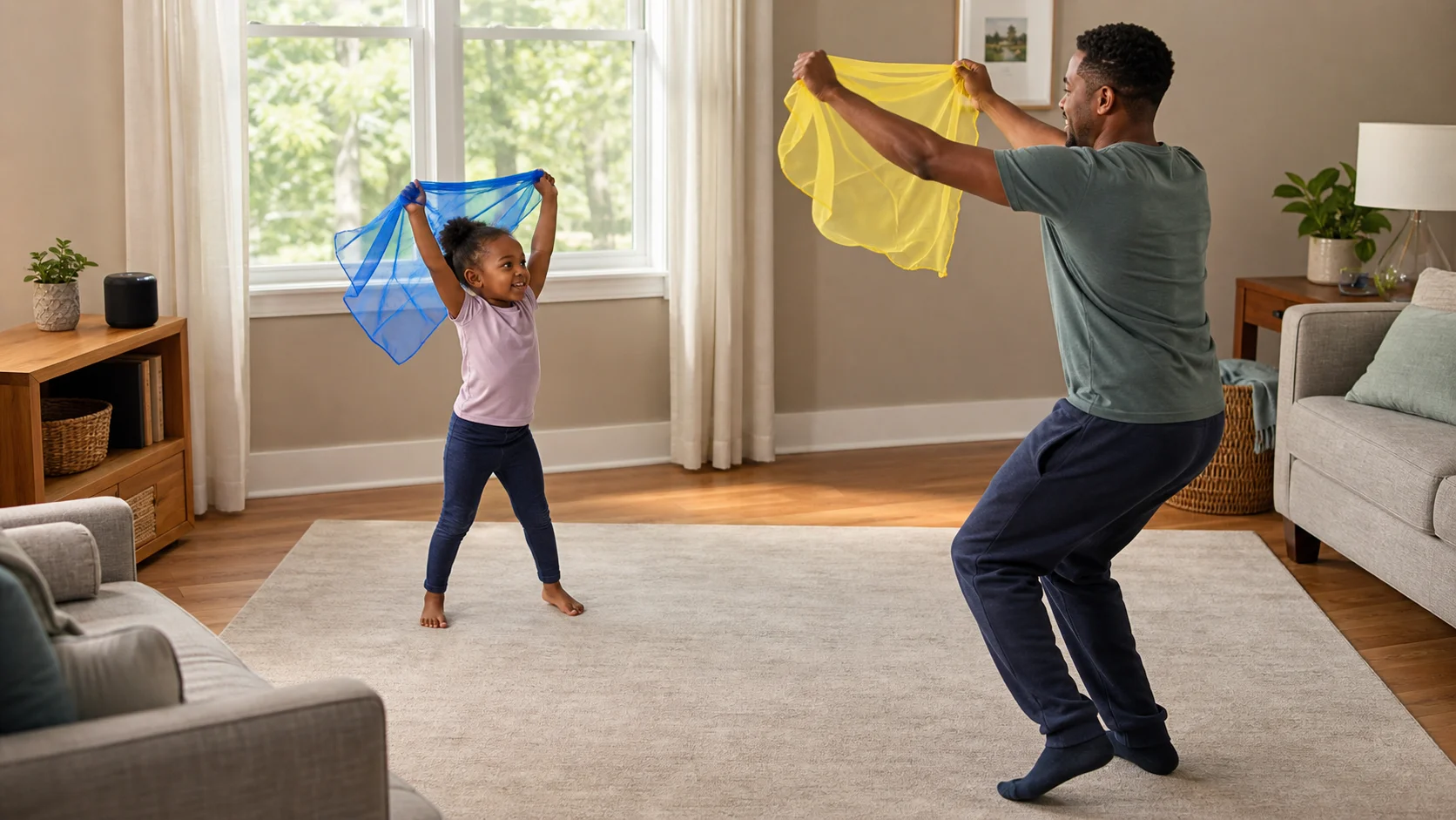 A child and grown-up waving light scarves while dancing in an open indoor space.