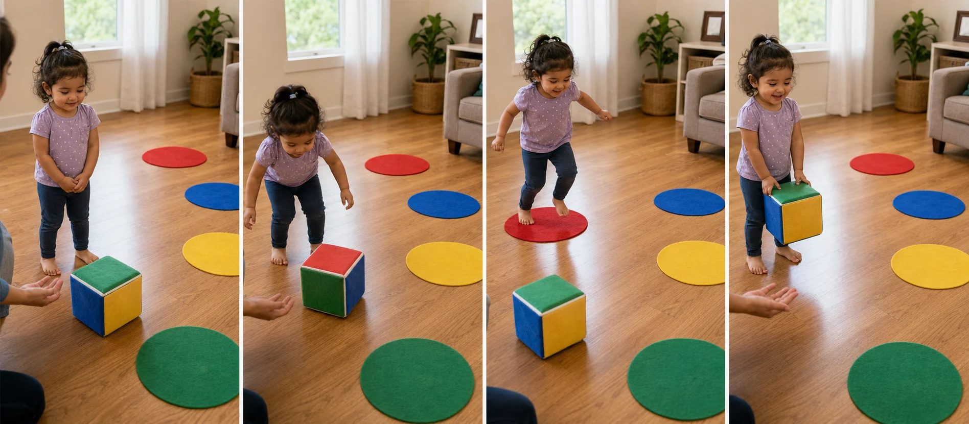 A sequence showing a child roll a color dice, find the matching floor base, move to it, and return for another turn.