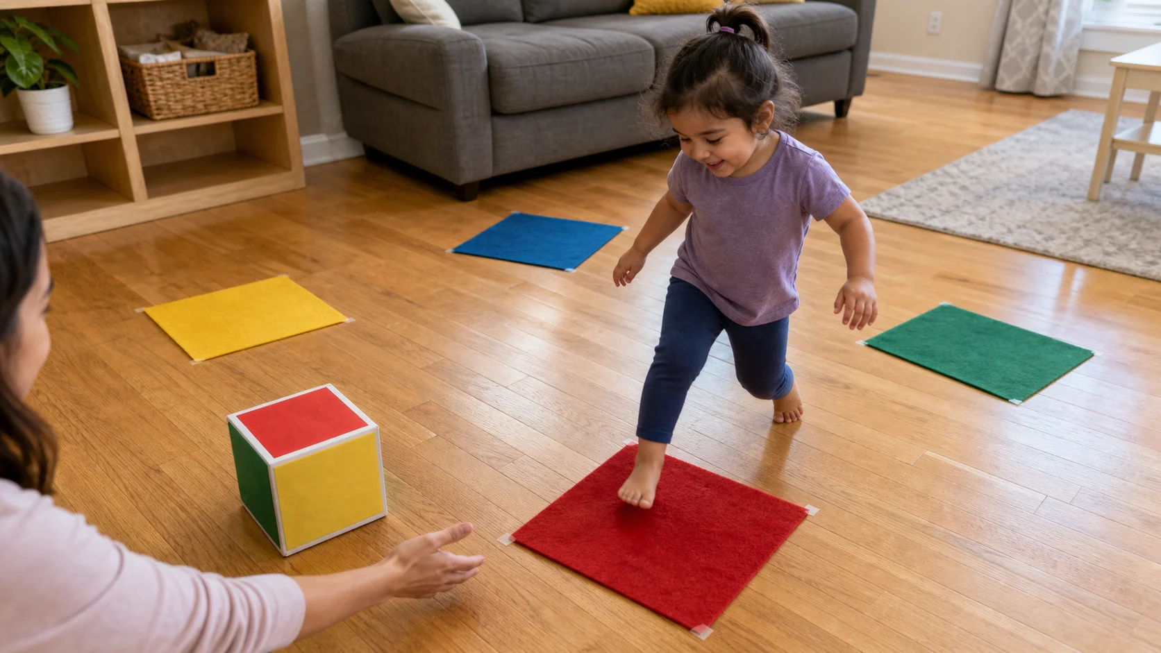 A toddler moving toward a colored floor base after rolling a large homemade color dice.