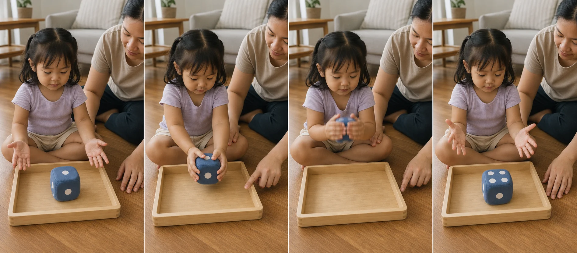 Four panels showing a child making house hands around a die, shaking once, opening over a tray, and checking the top mark.