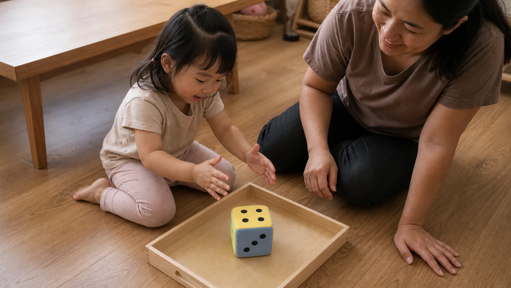A toddler cupping a large die in both hands over a shallow tray while a grown-up watches nearby.