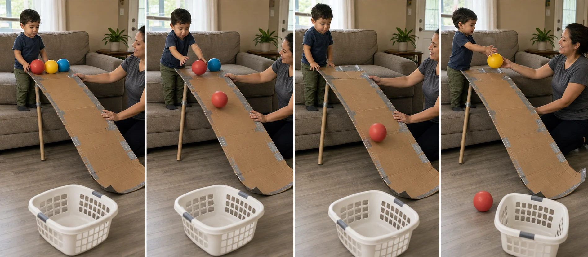 Three-step sequence showing a cardboard ramp setup, a ball rolling down, and the child checking the basket target.