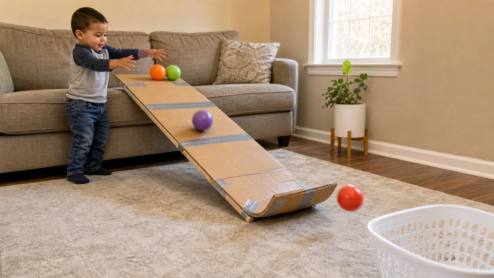 Toddler releasing a ball down a cardboard ramp toward a basket on the floor.