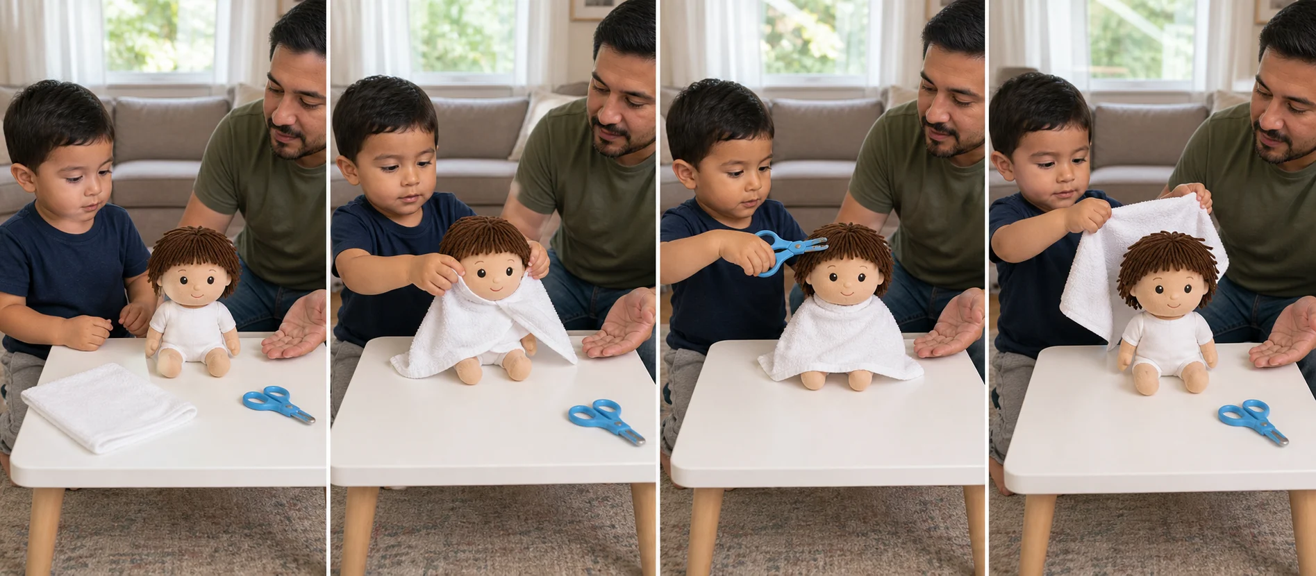 A multi-panel sequence showing cape on a doll, one pretend snip, scissors down, and the towel cape coming off.