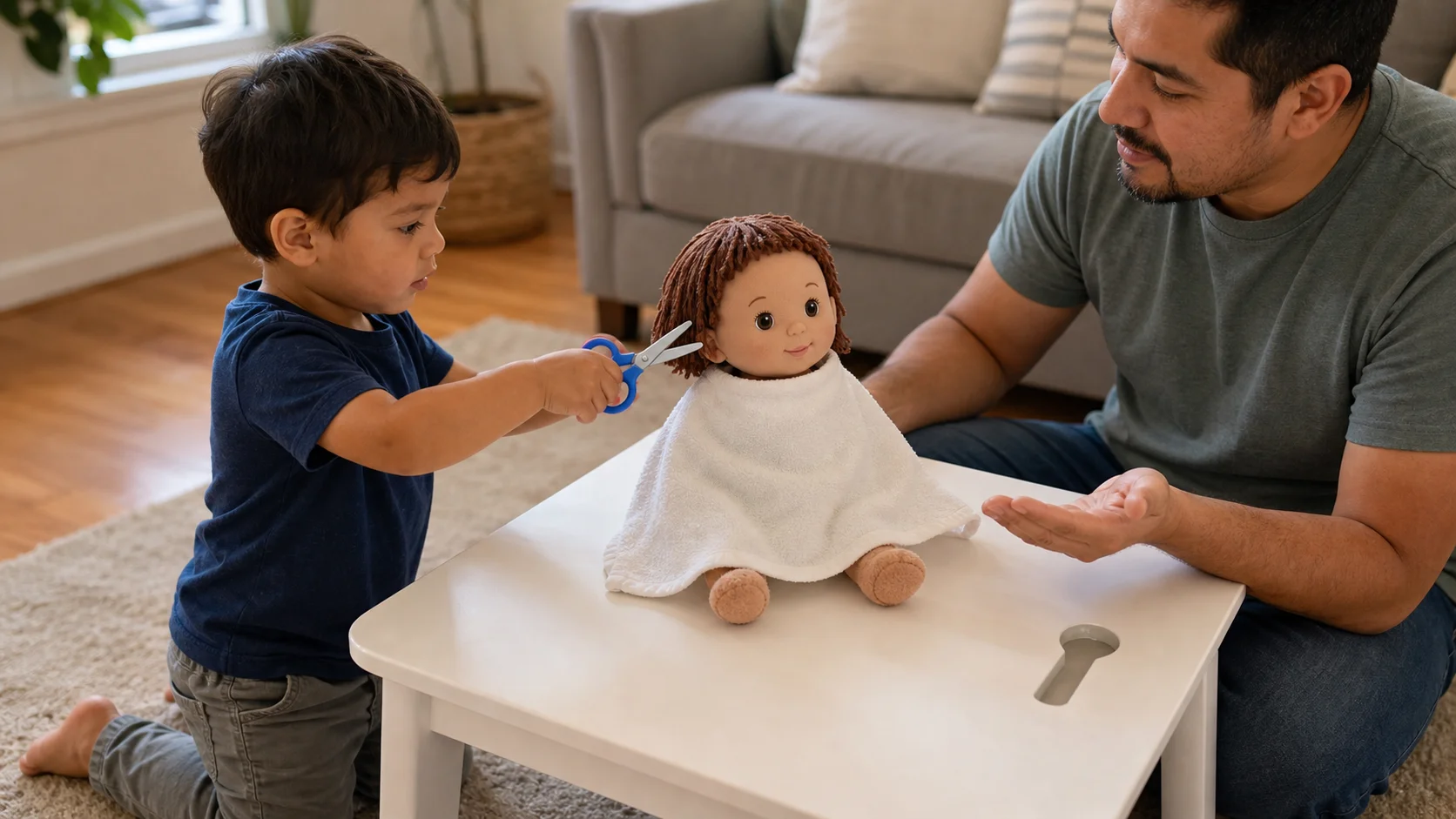 A toddler placing a loose towel cape on a doll while a grown-up keeps pretend scissors nearby.