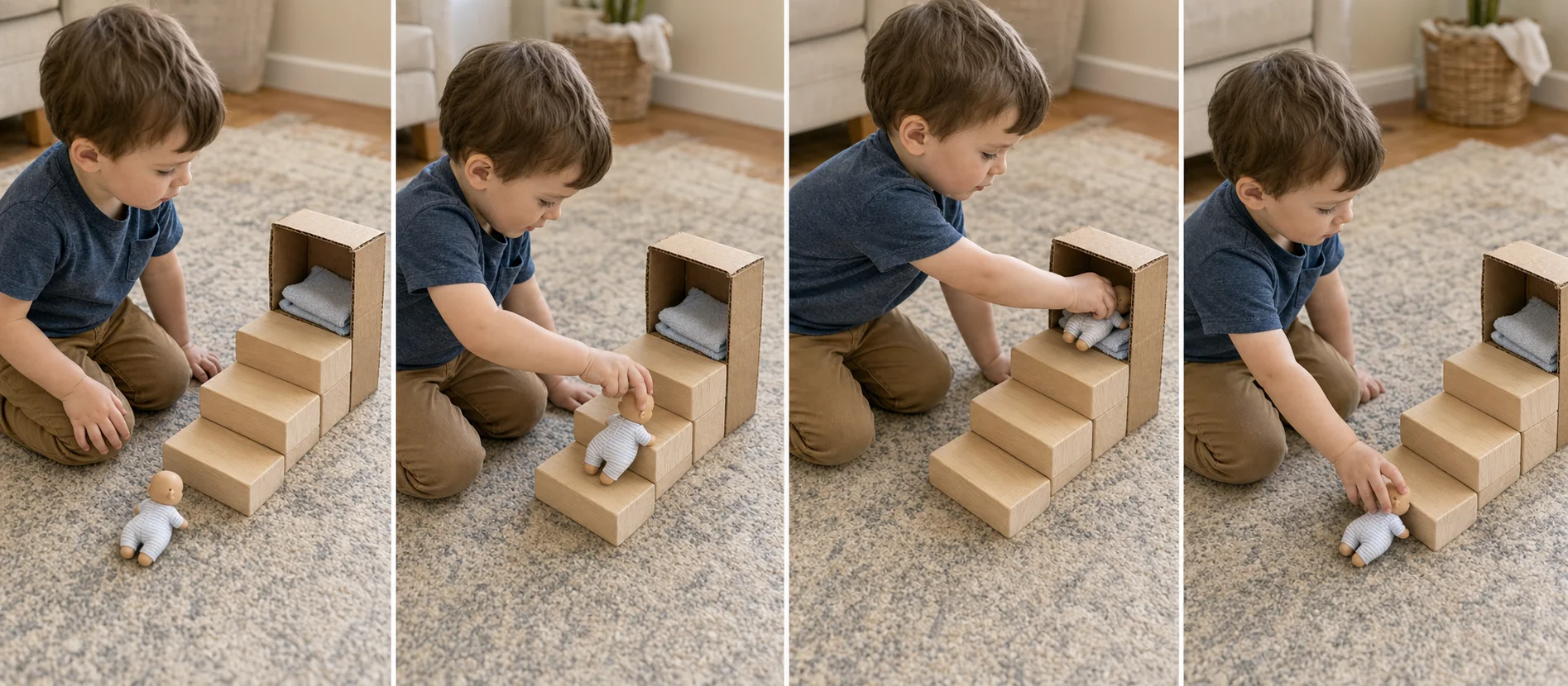 Steps showing a grown-up model the doll walk, a child move it up the block stairs, place it in bed, and reset at the bottom.