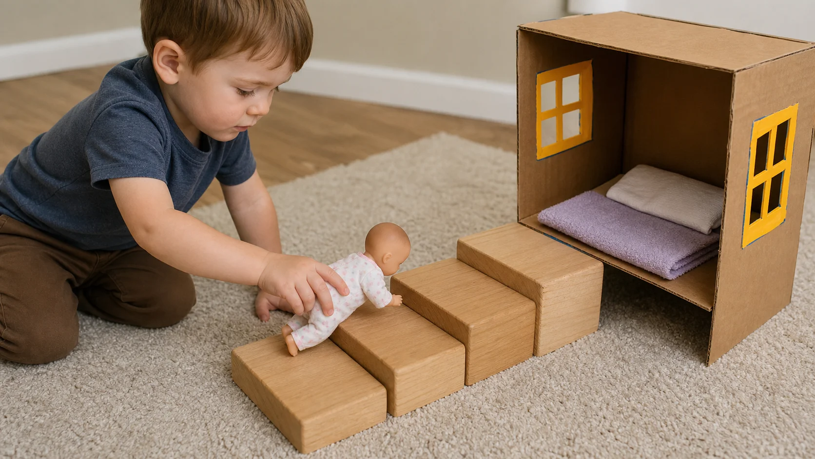 Child moving a small doll up low block stairs toward a bedtime spot on the floor.