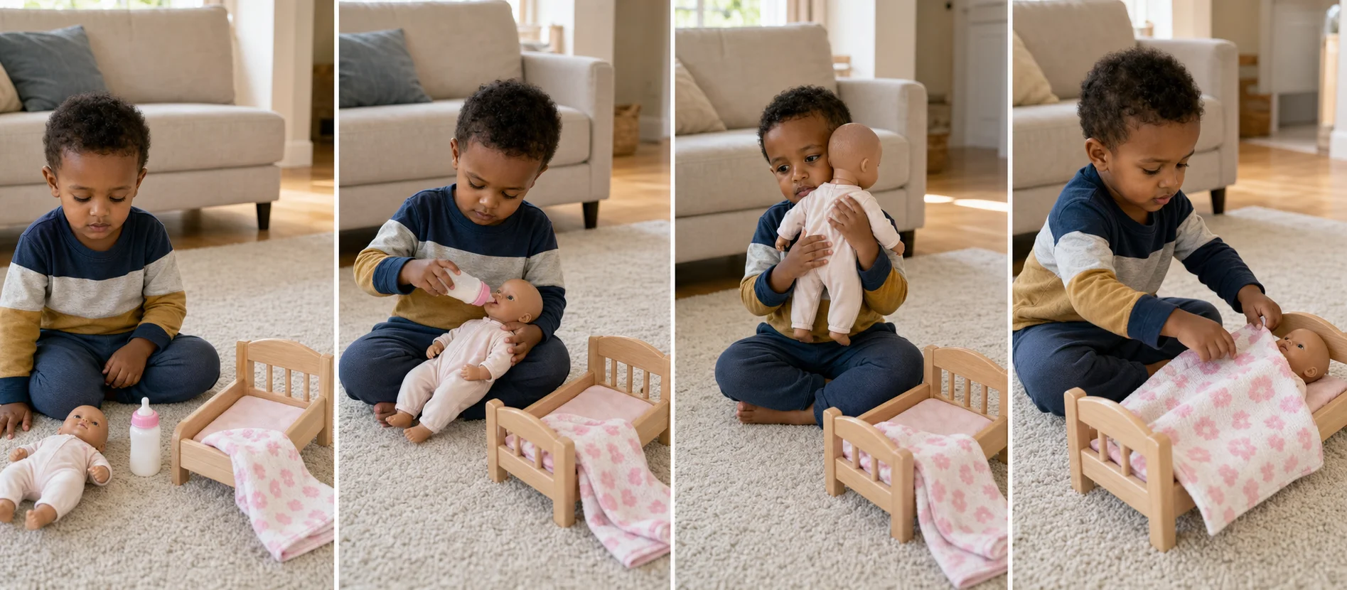 A multi-panel sequence showing a doll and bottle setup, a toddler feeding the doll, lifting it for a burp, and pulling up a blanket over the doll bed.