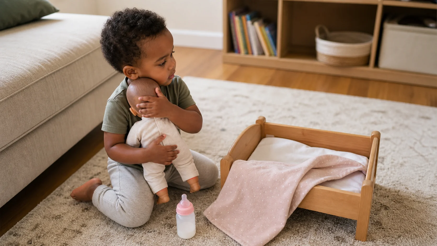 A toddler feeding a baby doll, lifting it to their shoulder, and tucking it into a small toy bed during calm indoor pretend play.
