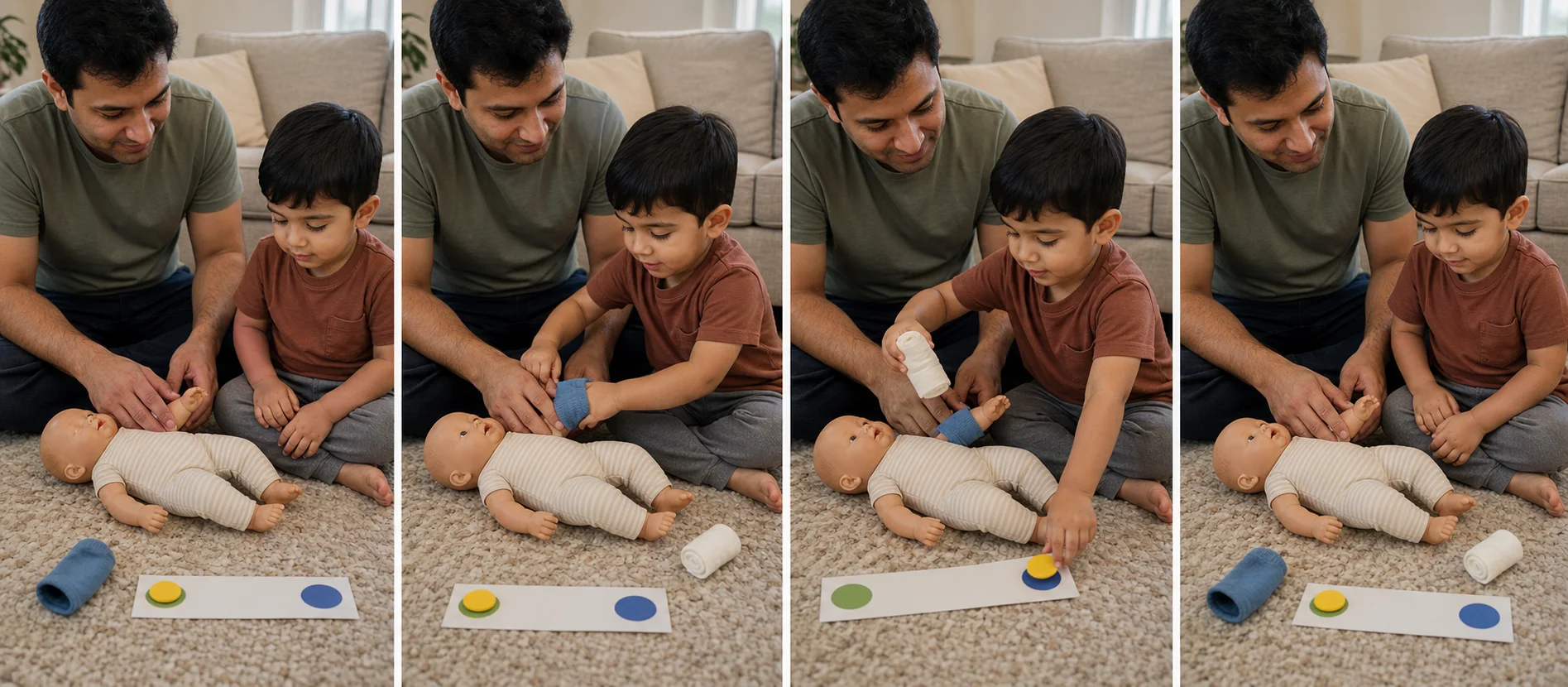 A toddler repeats the doll cuff check by putting on the cuff, squeezing a soft prop, moving the marker to done, and taking the cuff off.