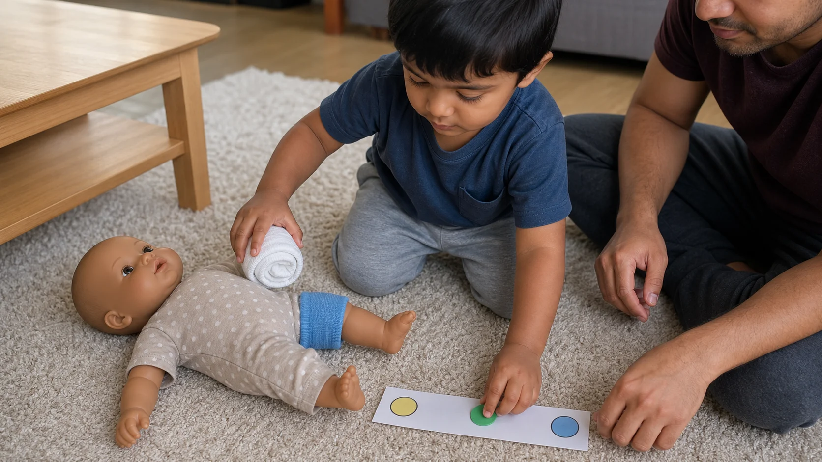 A toddler placing a loose fabric cuff on a doll arm beside a paper start-to-done marker.