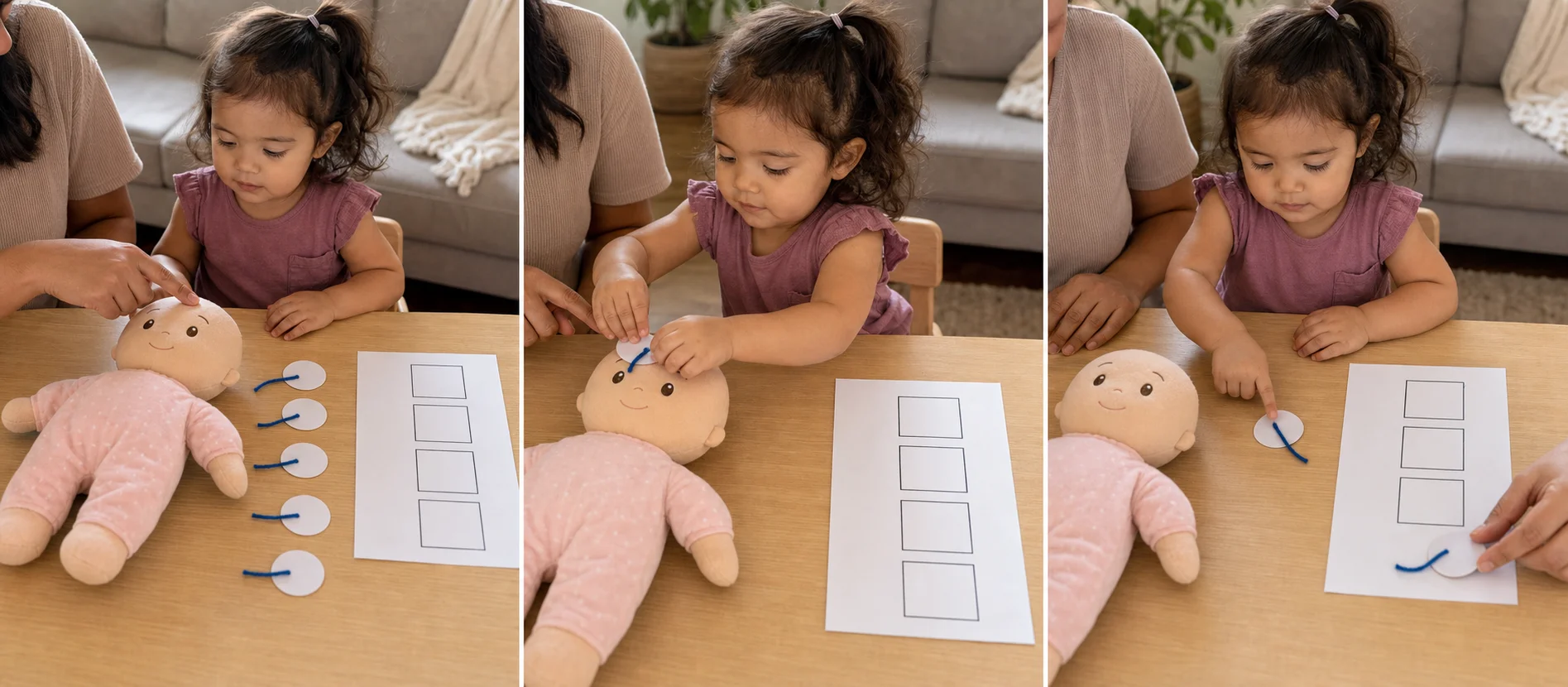 Three-panel sequence showing the child placing a sticker on the model head, tapping the next box, and peeling the sticker off.