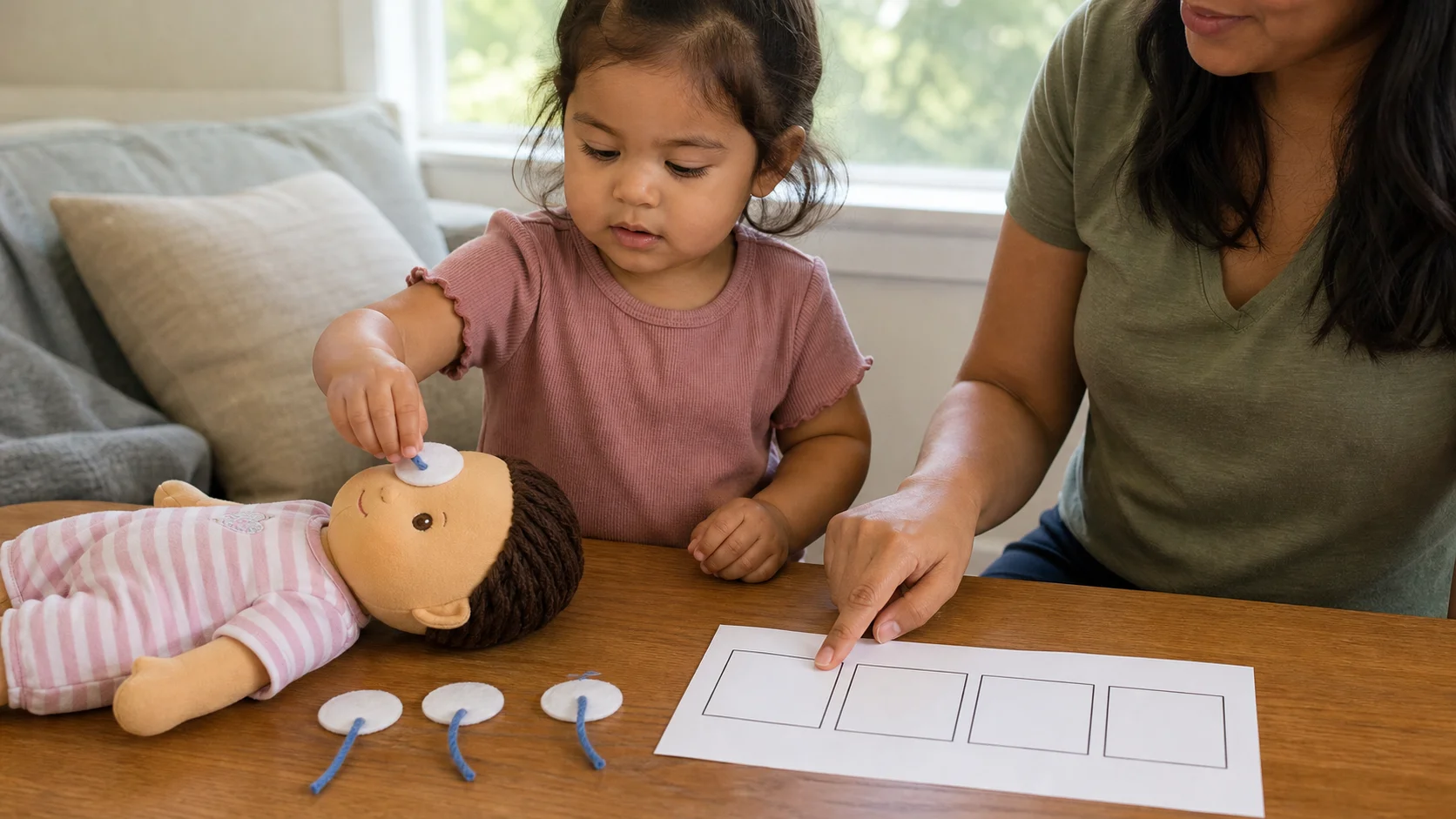 Toddler placing a large removable sticker on a doll head while a grown-up points to a paper done map.