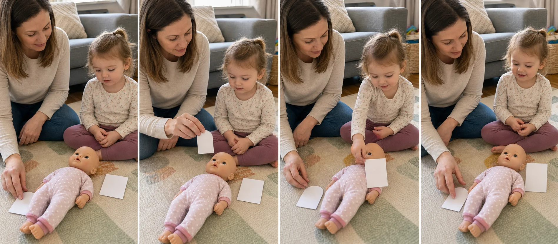 Four panels showing a grown-up model a pretend doll drop, the child flip the eye-open card, both say all done, and the cards reset.