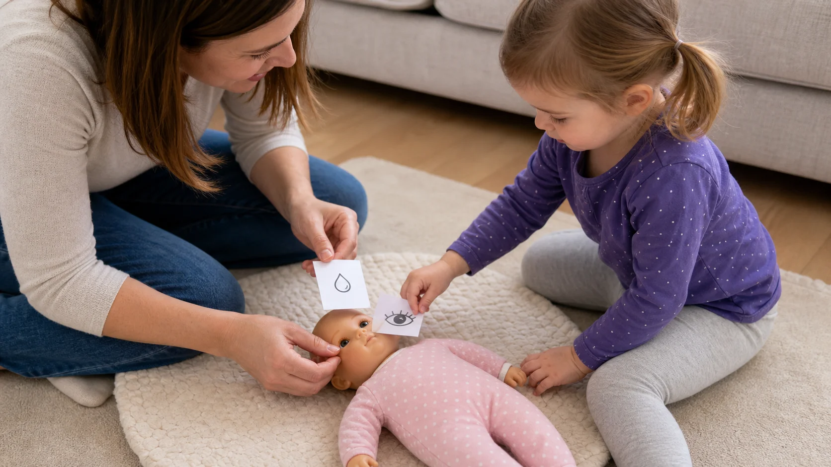 A toddler flipping a paper eye-open card beside a doll while a grown-up holds a pretend drop card above the doll's eye.