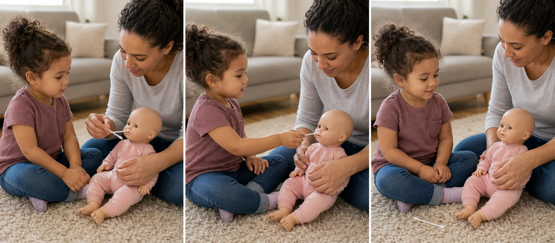 A three-panel sequence showing a grown-up modeling a toy nose swab, a toddler copying the swab, and both pausing for a short still-body count.