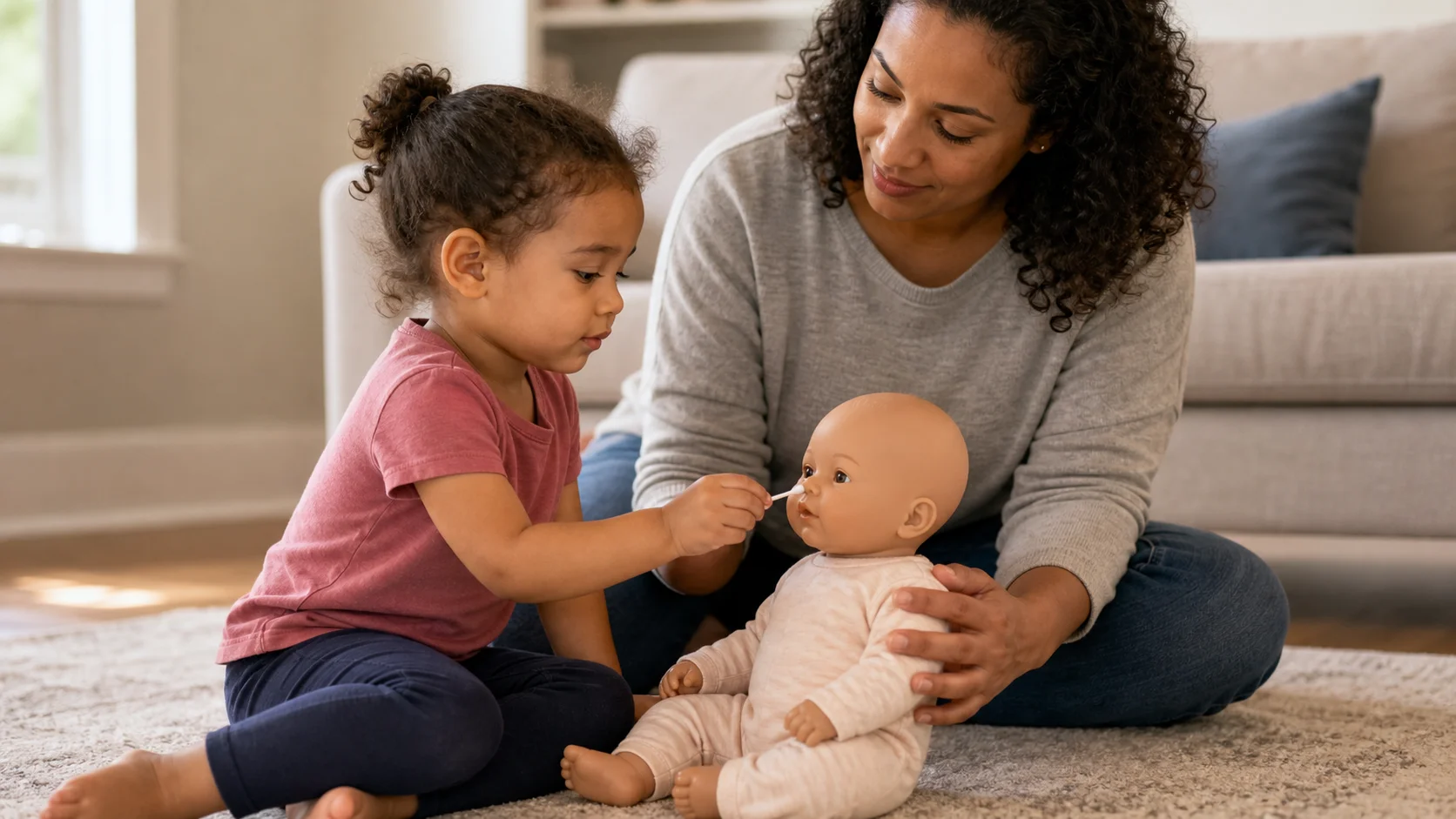 A toddler and grown-up sitting beside a doll or stuffed animal, using a cotton swab for one gentle pretend nose check.