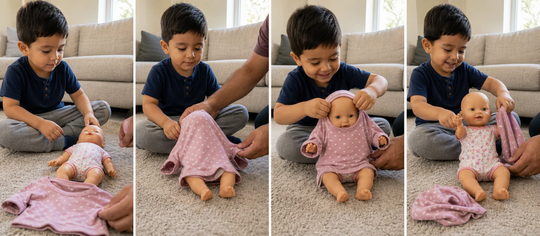 Four panels showing a doll hidden in pajamas, the face revealed, the arms pulled through, and the shirt reset.
