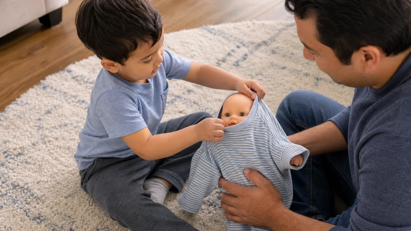 A toddler pulling a baby doll's face through a loose pajama top while a grown-up holds the doll steady.