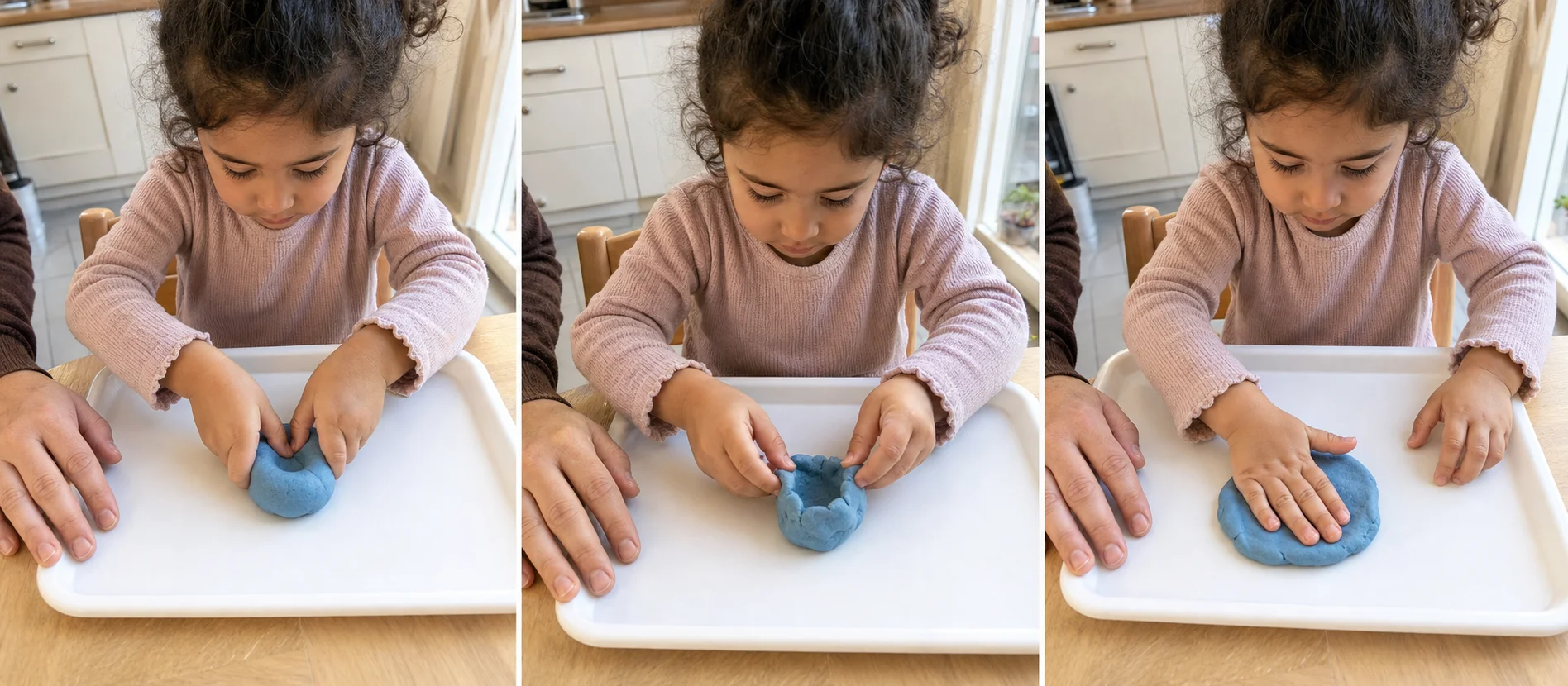 Three-panel sequence showing a child pressing a thumb cave, pinching the rim, and squashing the dough flat to restart.