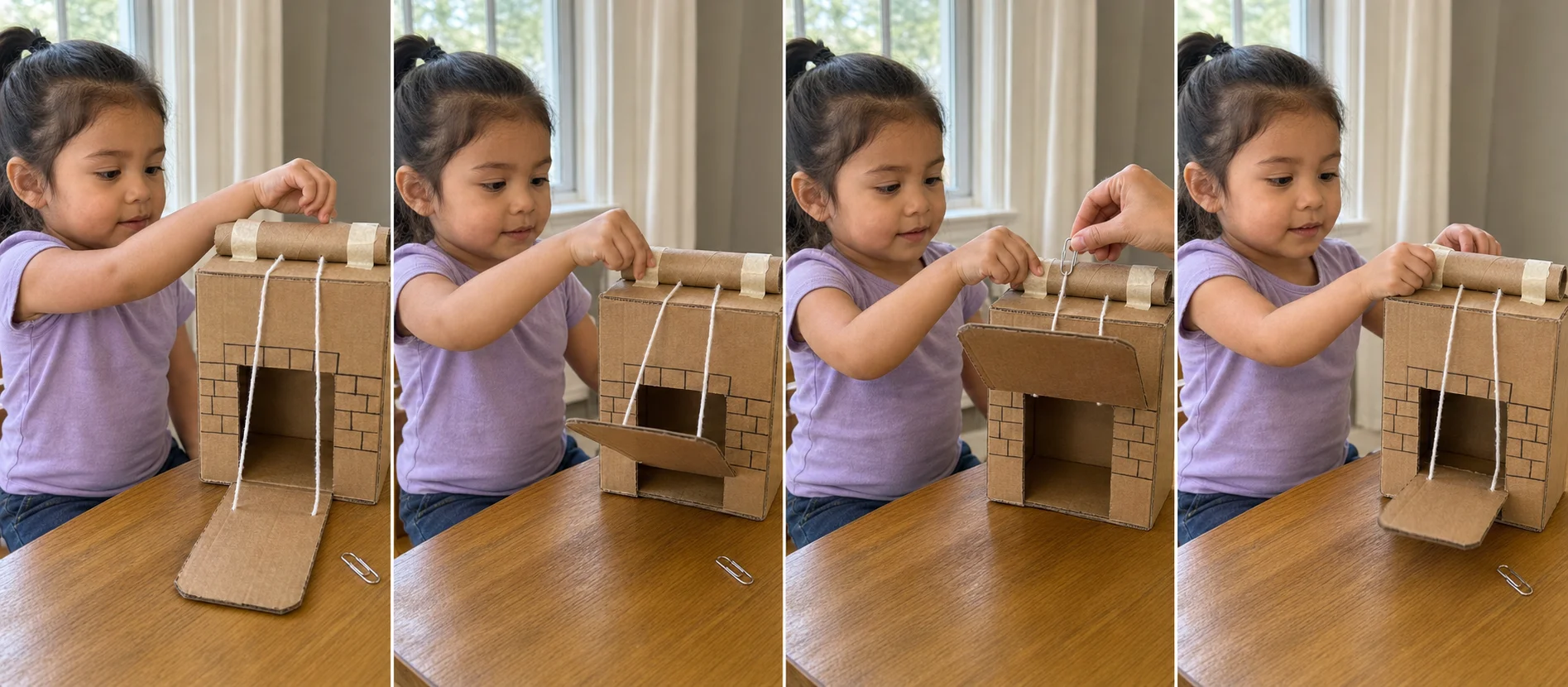 A four-panel sequence showing the child turn the crank, lift the bridge, clip it open, and lower it again.