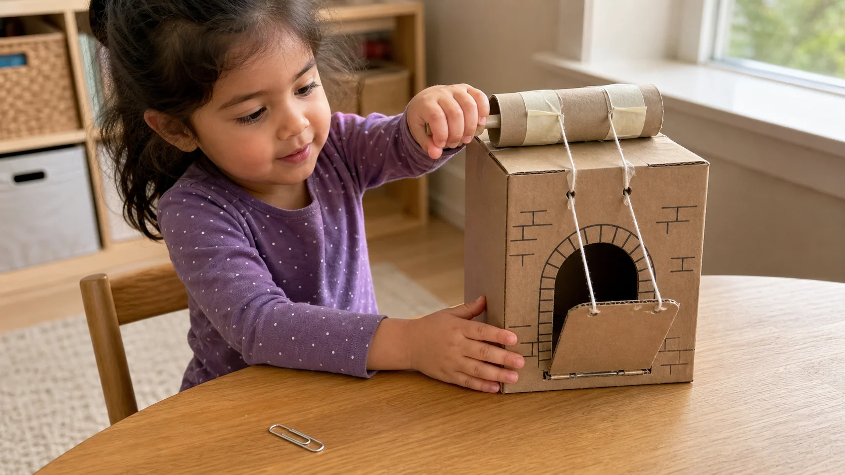 A preschooler twisting a paper-roll crank to lift a yarn-connected cardboard drawbridge.