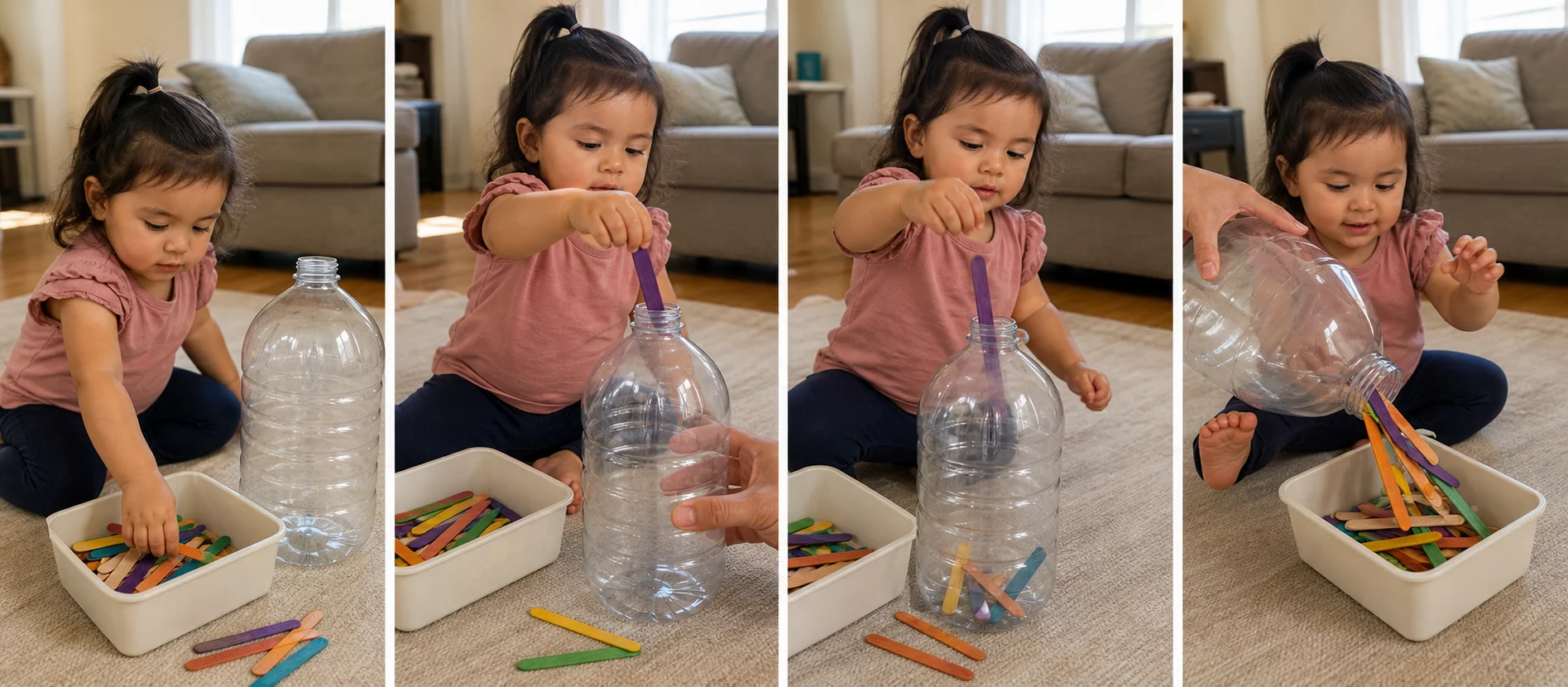 A multi-panel sequence shows a toddler picking up a craft stick, lining it up with a bottle opening, dropping it in, and dumping the sticks out to start again.