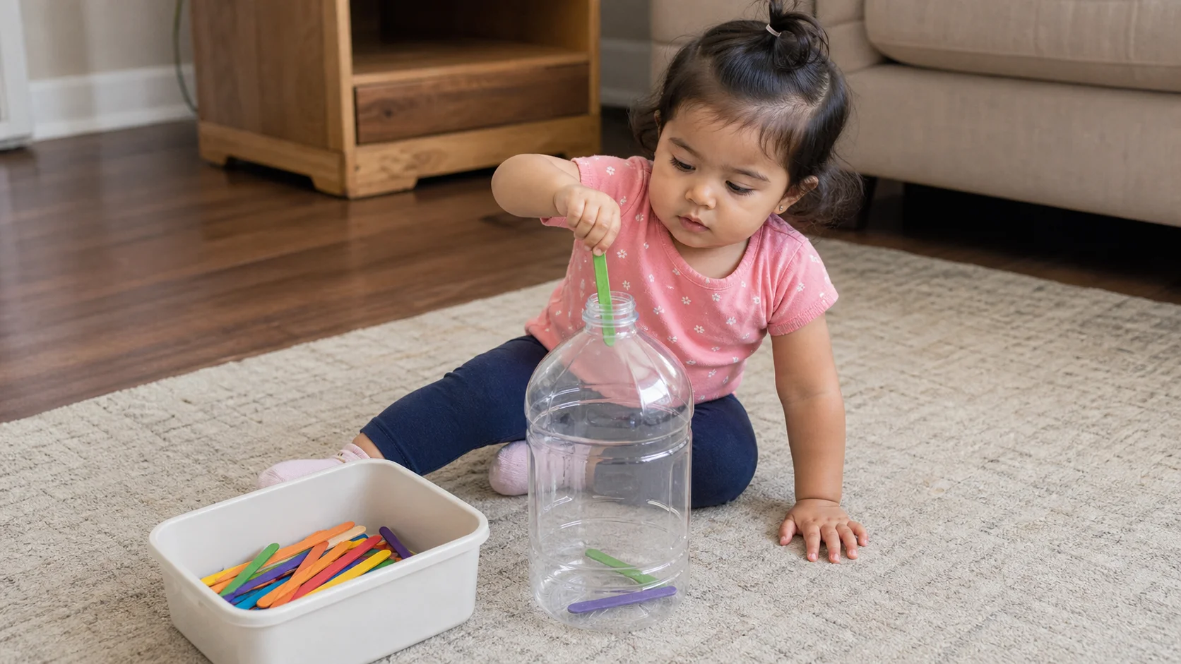 A young toddler drops a craft stick into a gallon water bottle beside a small bin of sticks on the floor.
