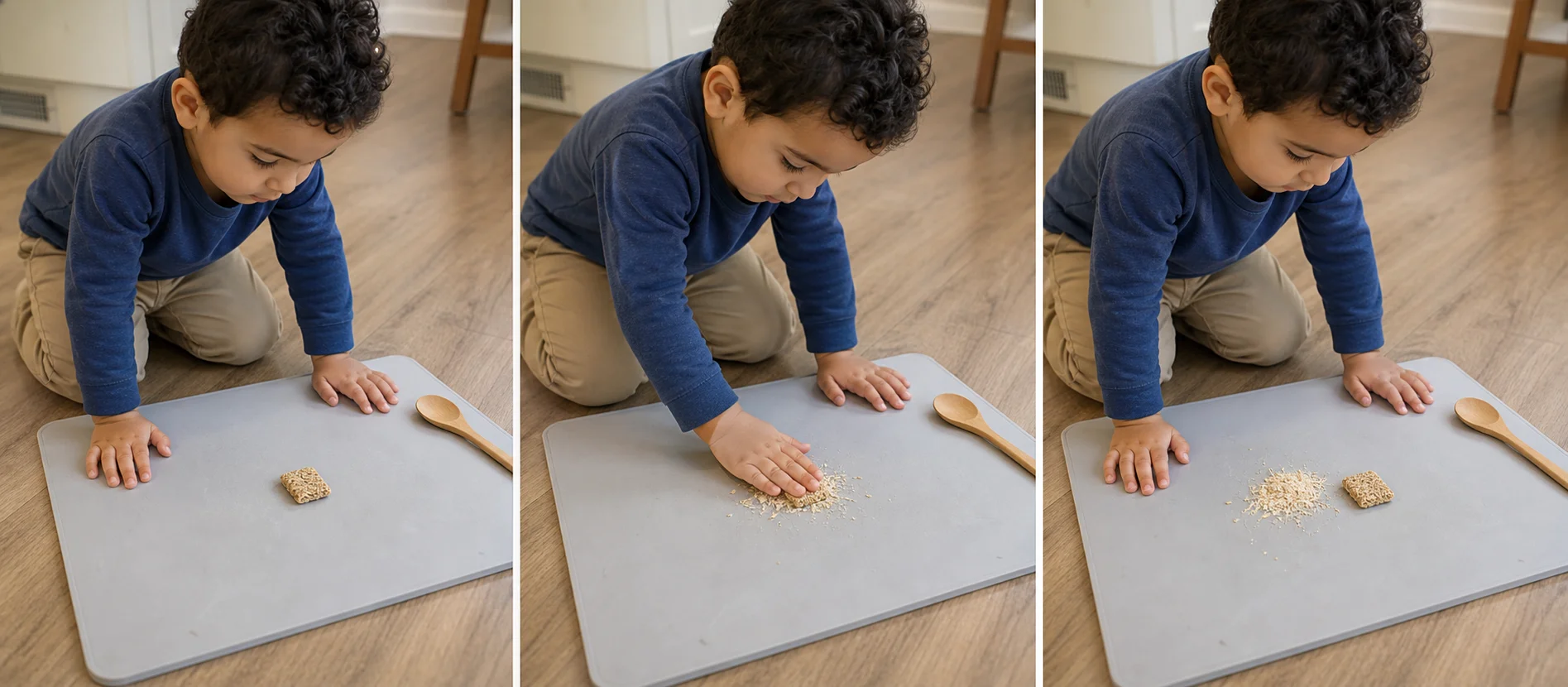 Three-step sequence showing a grown-up modeling one cereal crush, a toddler pressing cereal, and the child looking at the crumbs.
