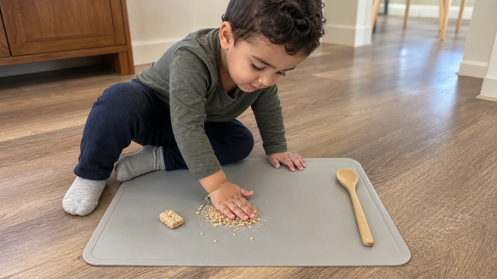 Toddler hands pressing dry cereal pieces into crumbs on an easy-clean mat.