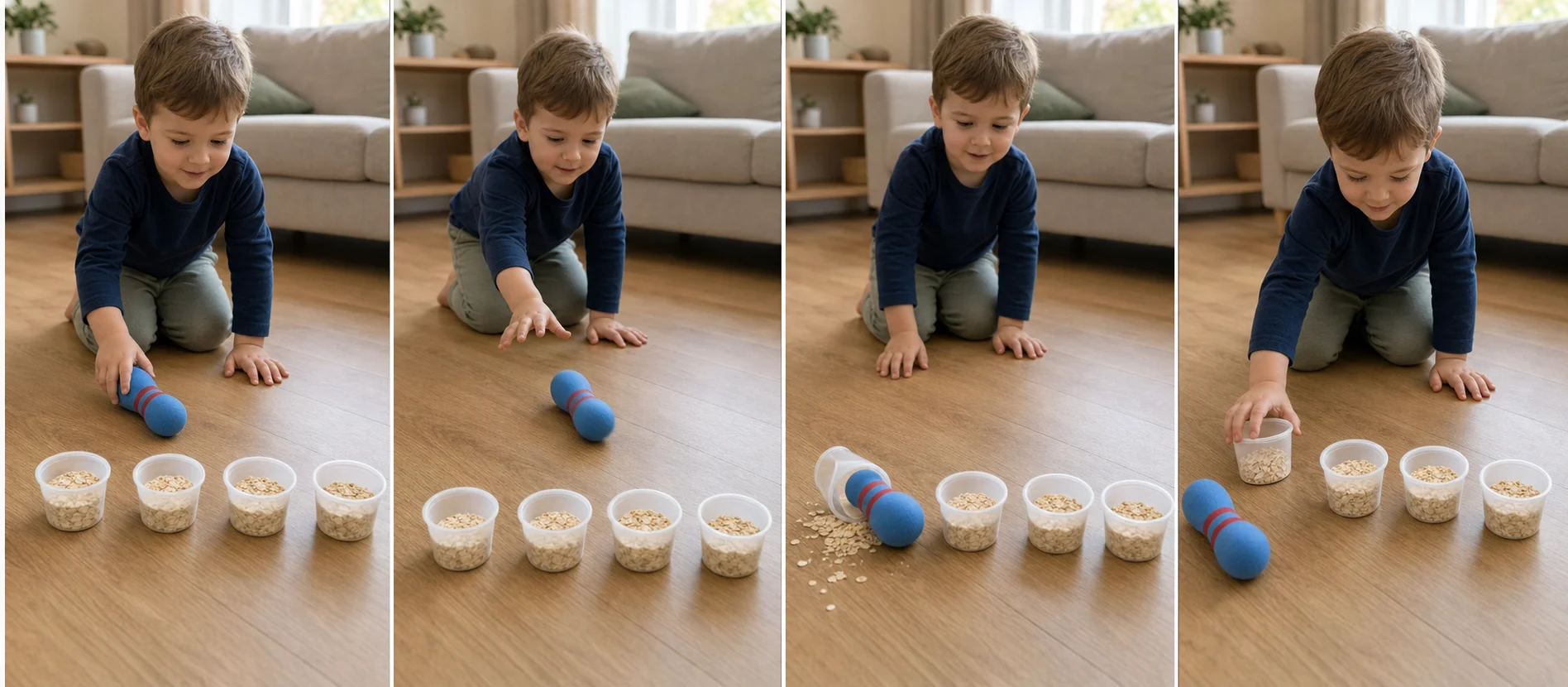 A multi-panel sequence shows cups being filled with dry oats, a grown-up rolling one cup down first, a toddler knocking the cups over, and the cups being reset for another turn.