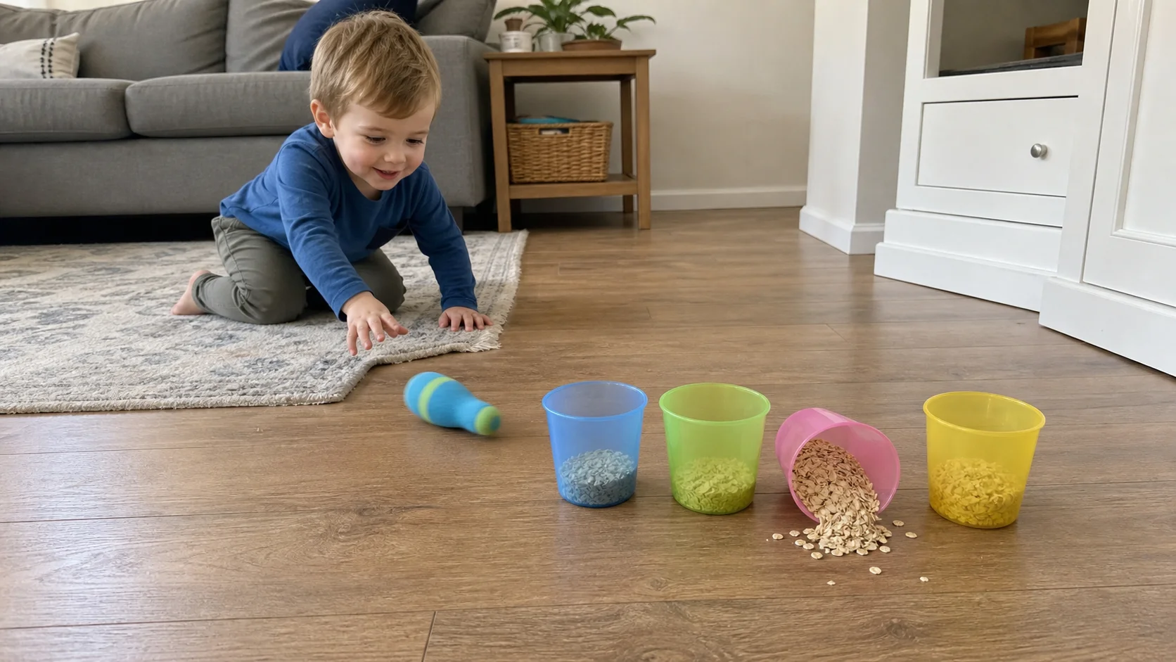 A toddler rolling a soft skittle toward a row of small cups partly filled with dry cereal on the floor.