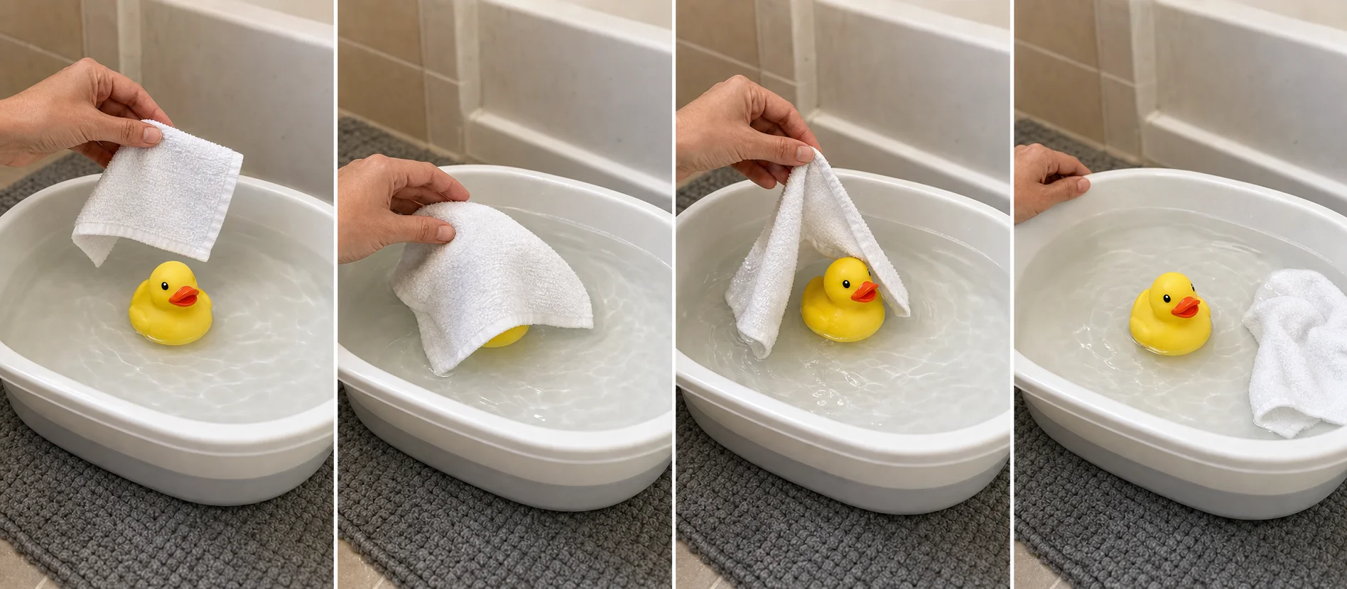A multi-panel sequence shows a grown-up covering a bath duck with a washcloth, a child pulling the cloth away, and the duck reappearing for another turn.