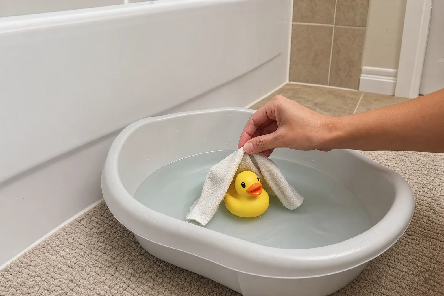 A young child in the bath reaches for a washcloth covering a large rubber duck in shallow water.
