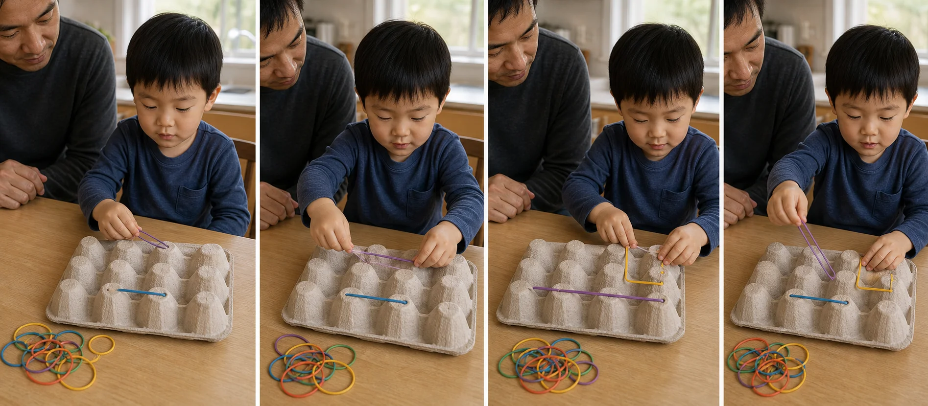 Three-step sequence showing an upside-down egg carton, a child stretching a rubber band, and a finished line design.