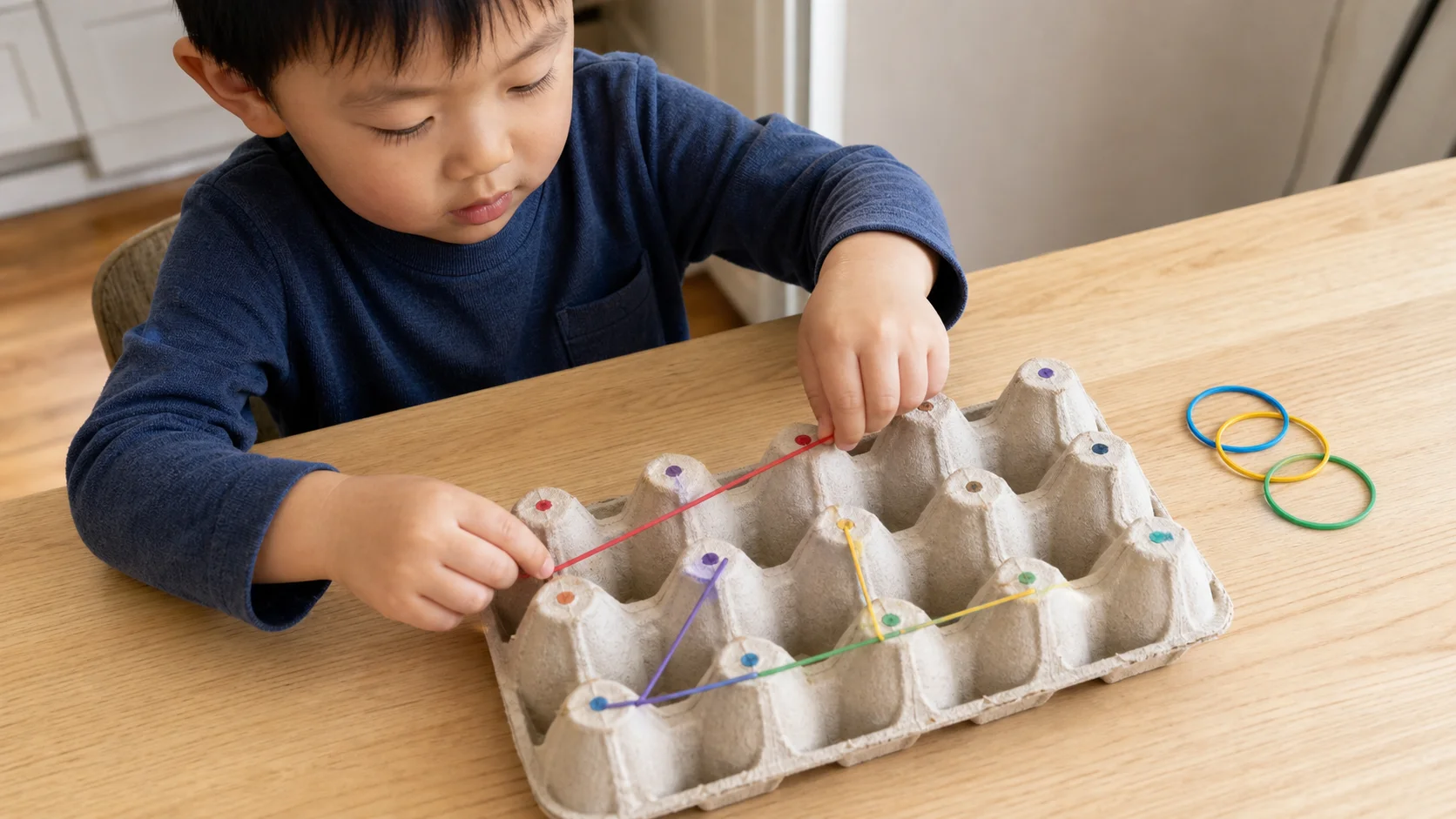 Child stretching a rubber band around the bumps of an upside-down egg carton.