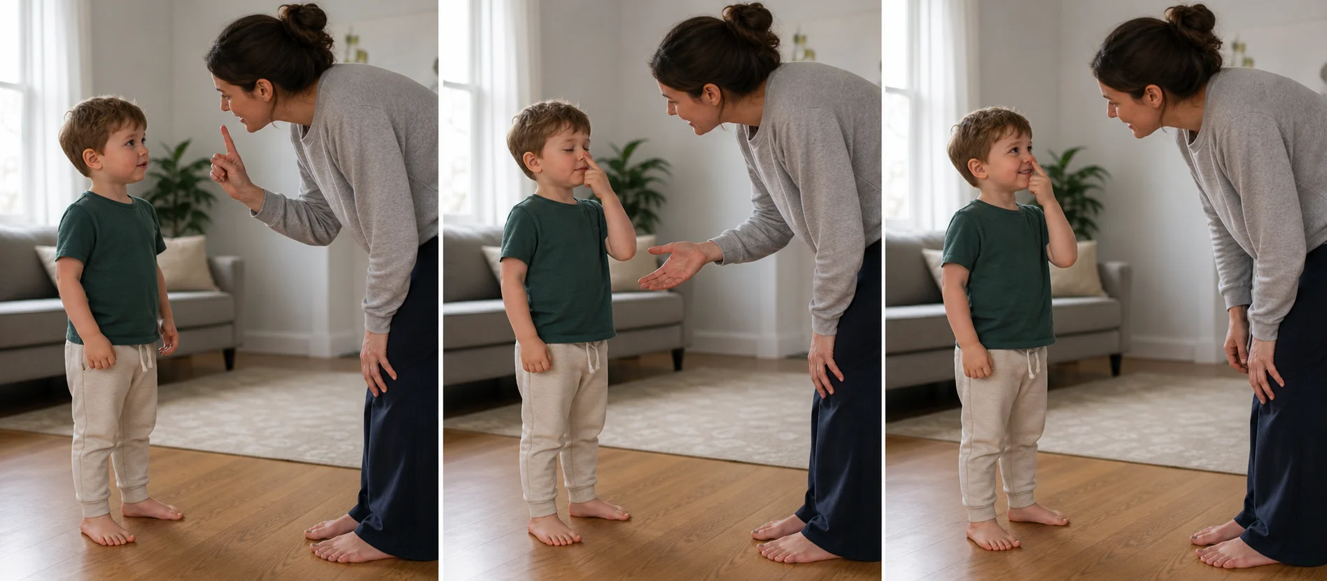 Three-panel toddler activity showing a grown-up giving one simple cue, a child trying the position with eyes closed, and the child opening their eyes to check the result