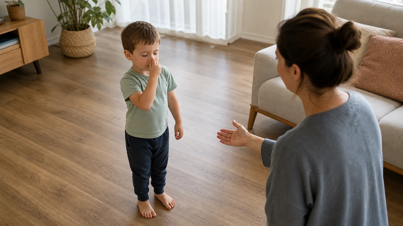 Toddler standing in a clear indoor play spot with eyes closed and one hand on their nose while a grown-up gives a calm body cue nearby