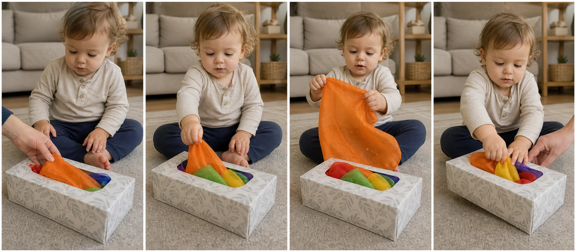 Four panels showing a grown-up setting soft fabrics into a tissue box, leaving one corner out, a toddler pulling one fabric free, and the fabrics being stuffed back in for another round.