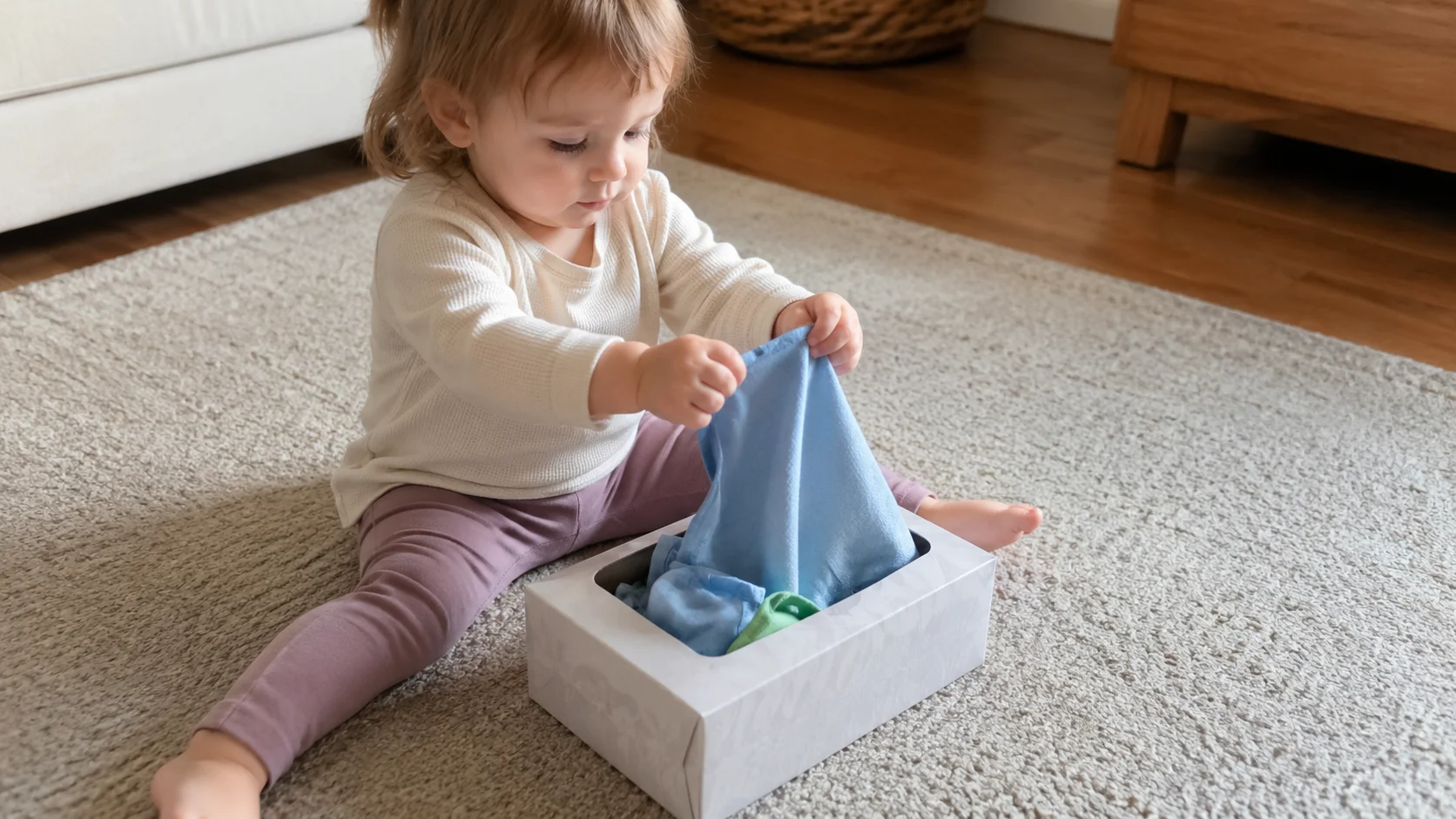 A toddler sitting on the floor pulling a bright fabric square from a small tissue box while more soft fabrics peek out of the top.