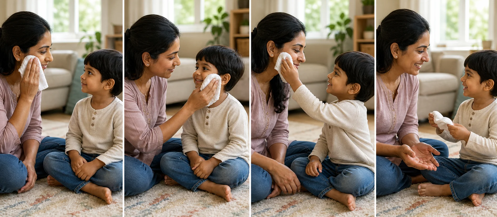 Four panels showing a grown-up modeling a soft cheek touch, the toddler receiving one quick tickle, the toddler giving the same touch back, and the soft item being reset for another turn
