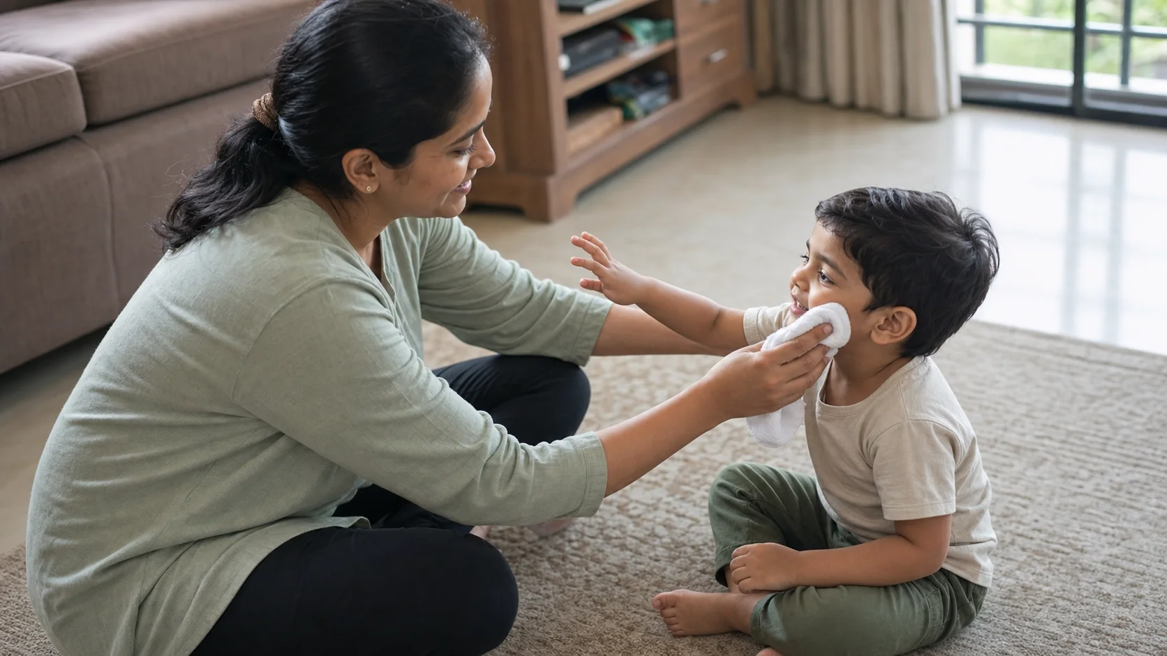 A grown-up and toddler sitting face to face while taking turns using a soft flannel for one gentle cheek tickle