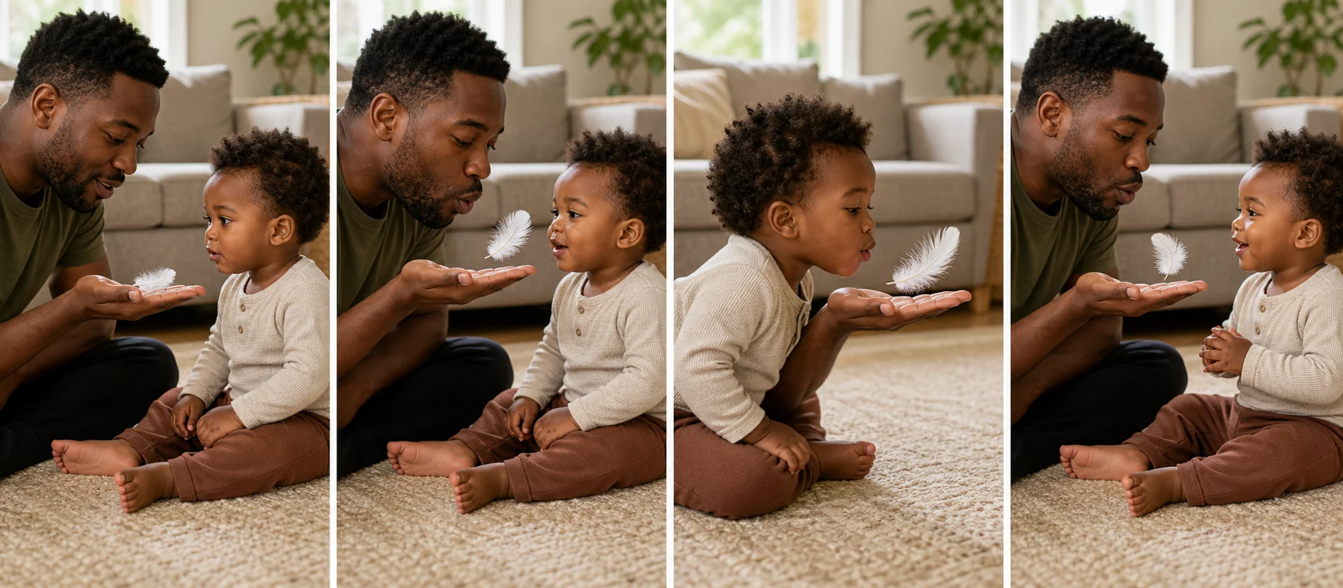 A multi-panel sequence showing a grown-up blowing a feather, handing the turn to a toddler, and both watching the feather move back and forth.