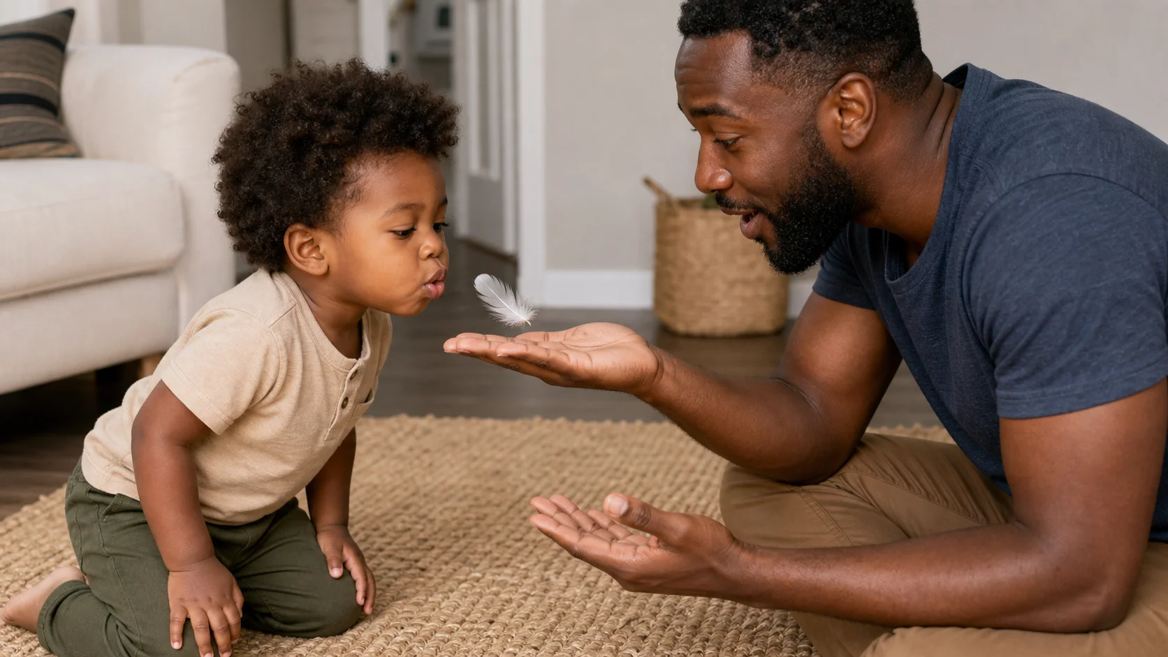 A grown-up and toddler sit face to face while taking turns blowing a feather between them and watching it move.