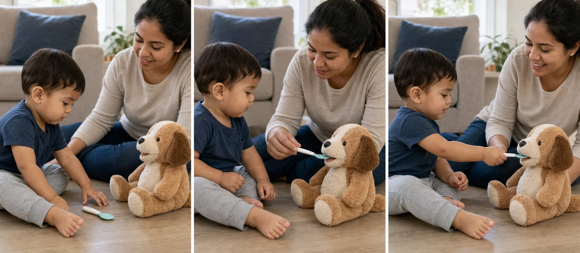 Four panels showing a stuffed animal and baby spoon set out, a grown-up modeling one pretend bite, a toddler feeding the toy, and the spoon set back for another turn.