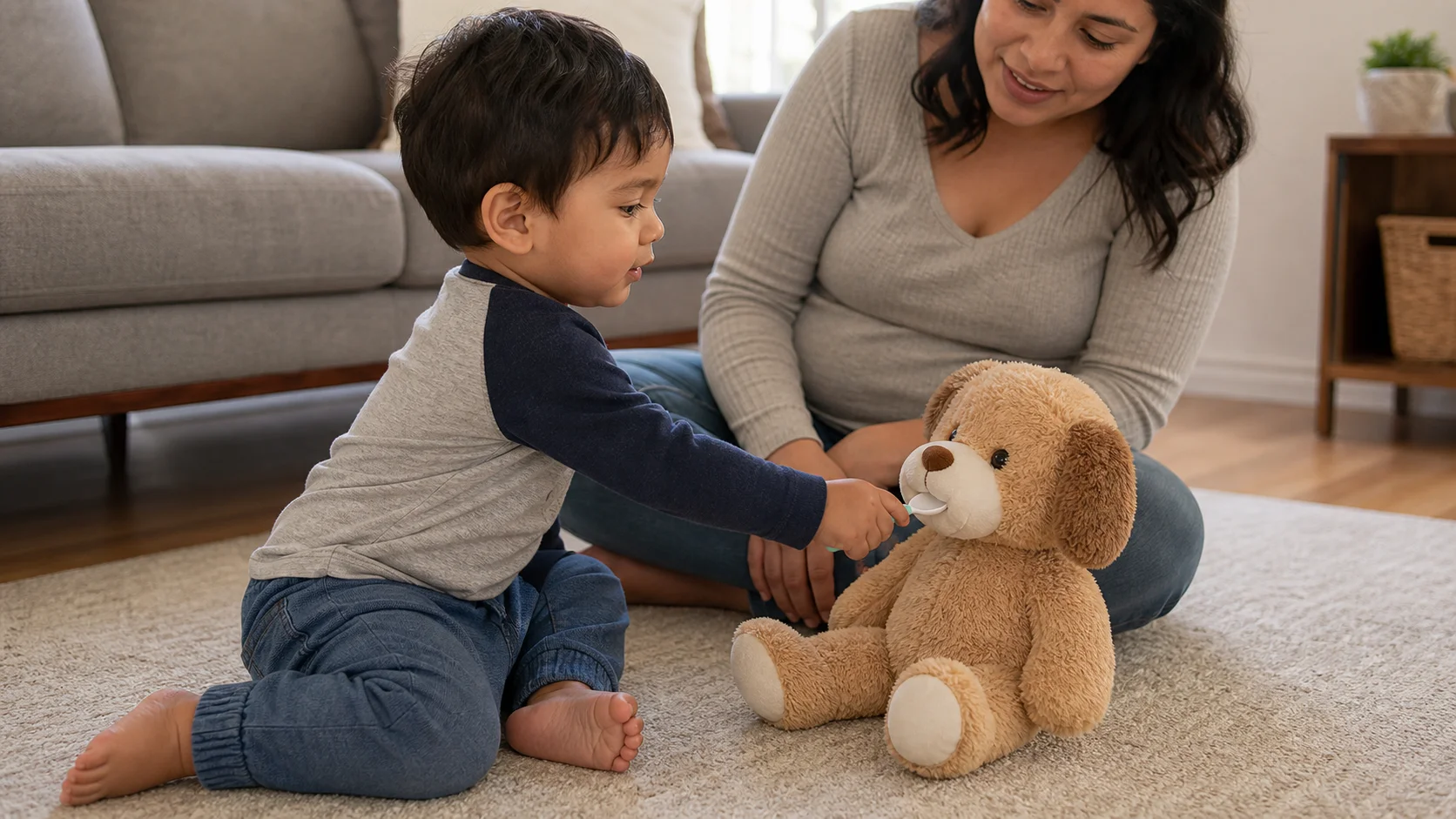 A toddler offering a baby spoon to a stuffed animal sitting in front of them on the floor.