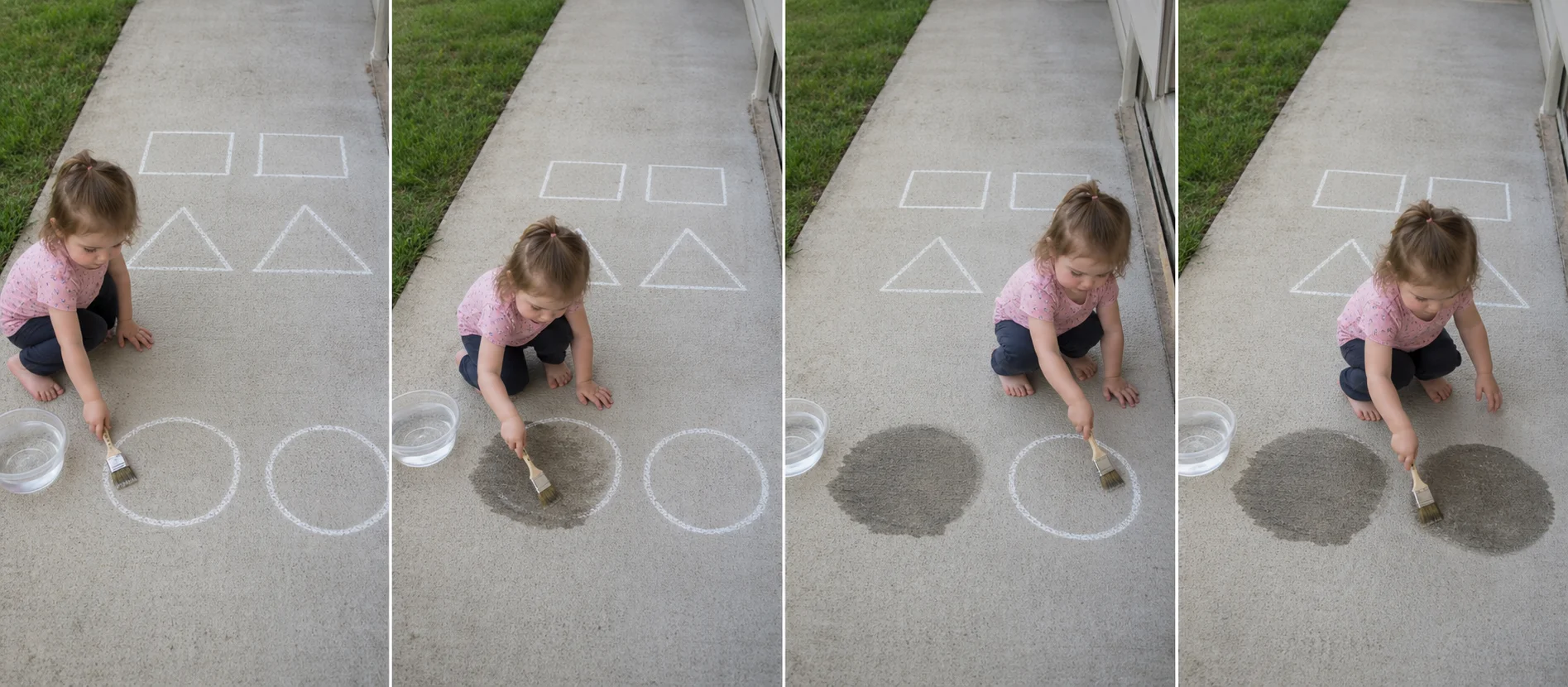 Three-panel sequence showing a grown-up pointing to a chalk shape, a toddler erasing it with water, and the child finding the matching shape.
